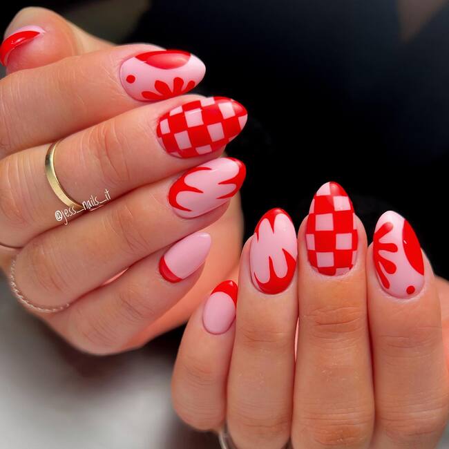 Pink Nails With Red Patterns