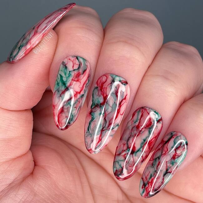 Red and Green Marble Nails