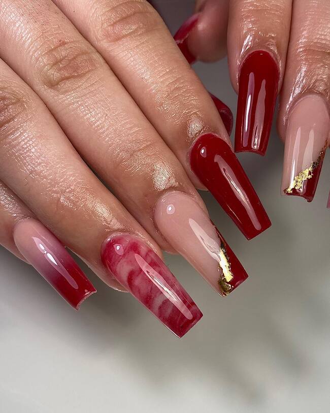 Red Coffin Nails With Gold