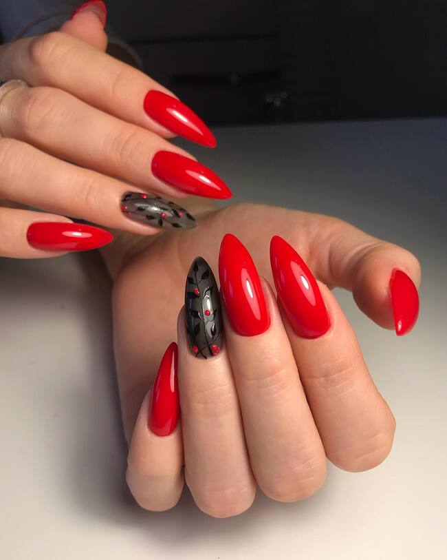Almond Red Nails With Red Accent