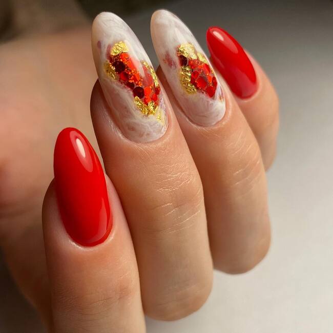 Red Marble Almond Nails