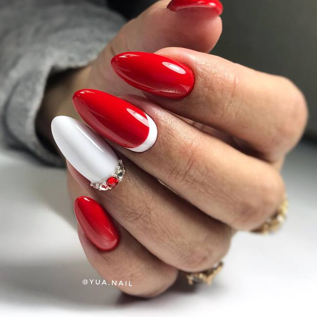 Almond White and Red Nails