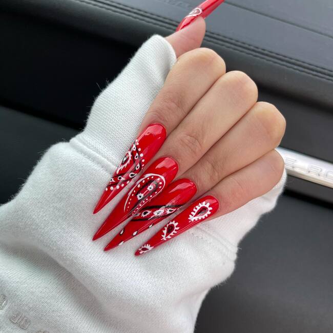 Red Stiletto Nails With Paintings