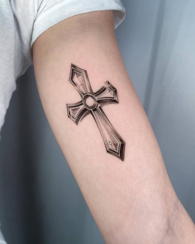 Gray Cross Forearm Tattoo 