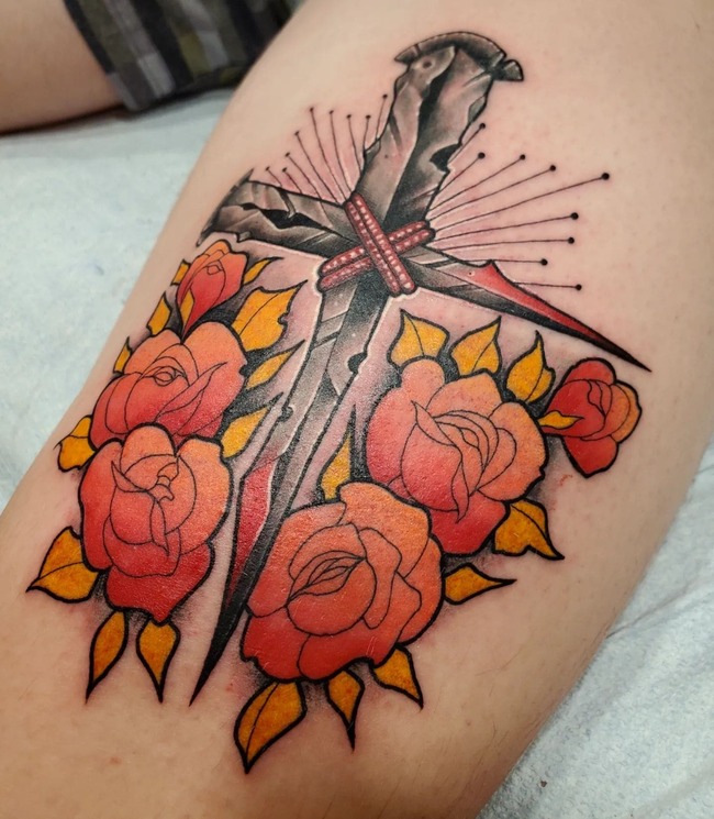 Traditional Cross and Roses Tattoo 