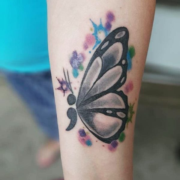 semicolon and colored butterfly tattoo