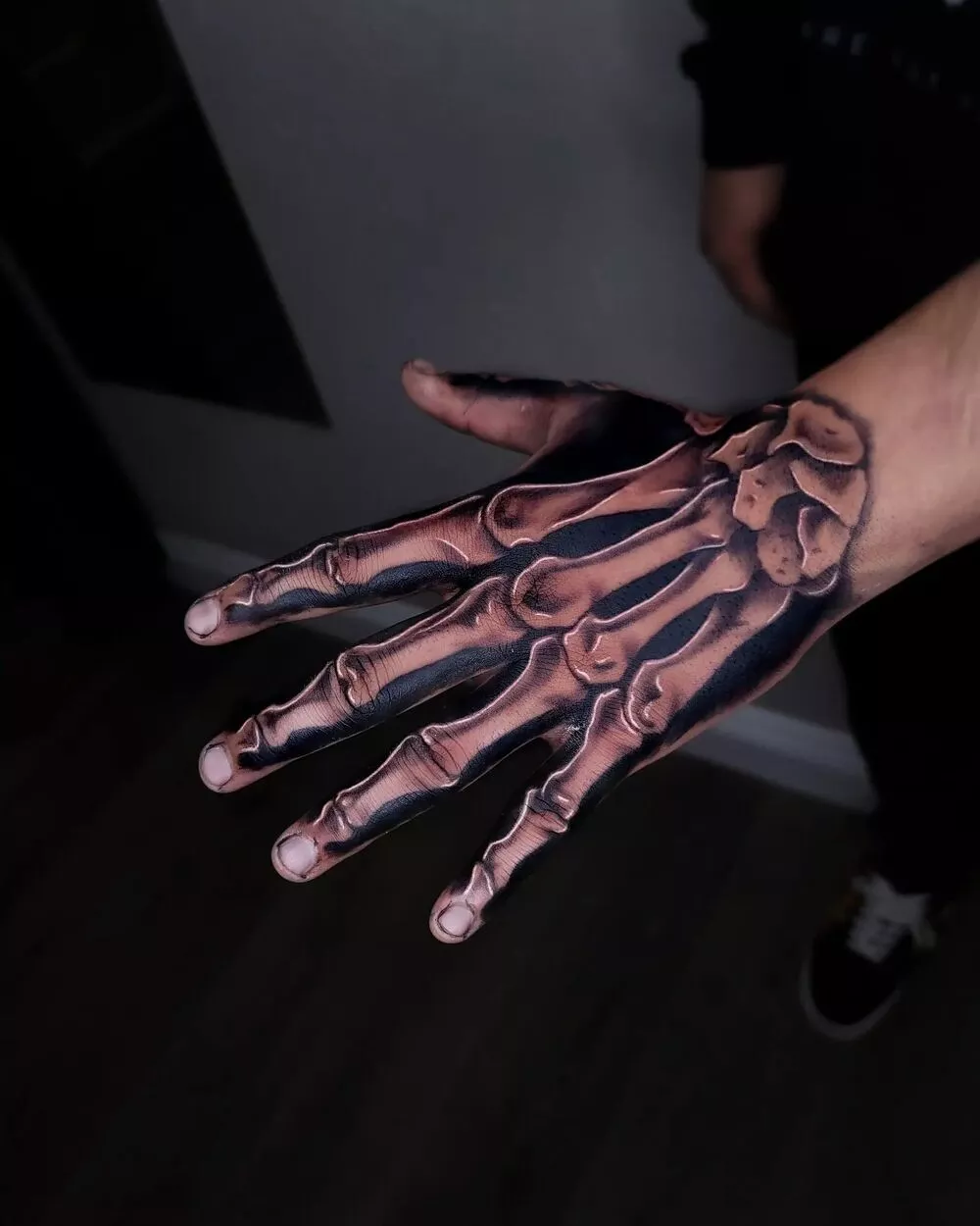 One More Example of Blackwork Skeleton Bone Hand Tattoo Like a Real One