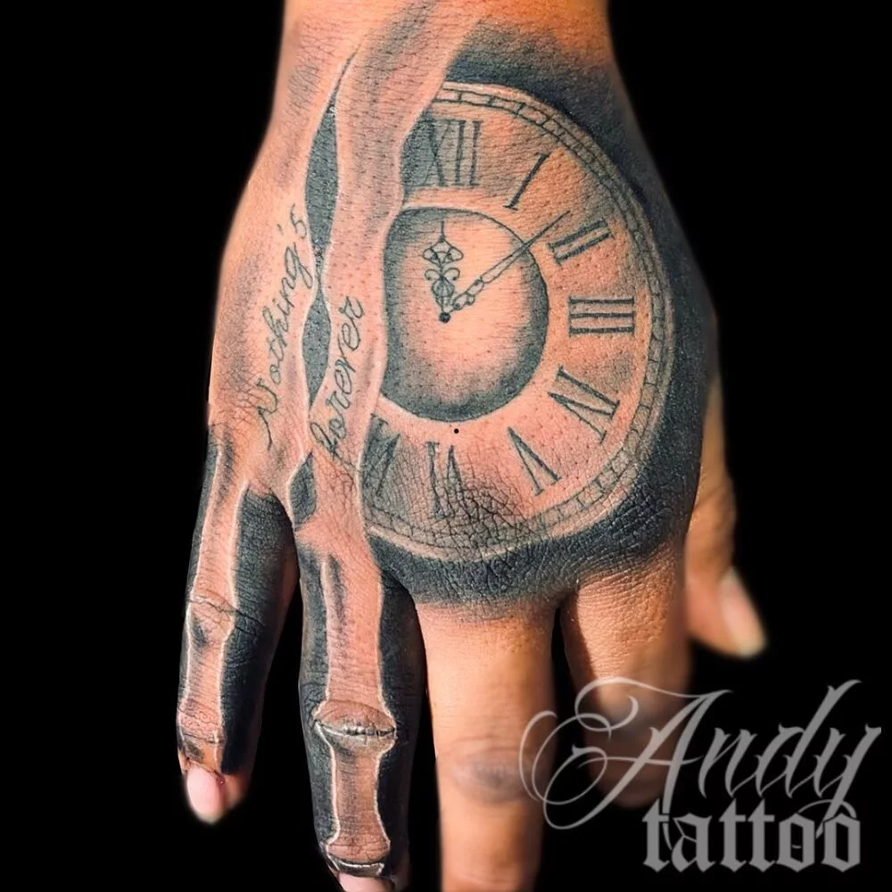 Skeleton Fingers and Clock Hand Tattoo Example
