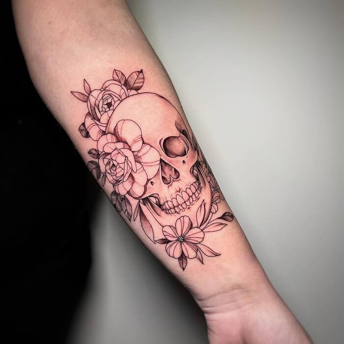Skull and Flowers Feminine Tattoo