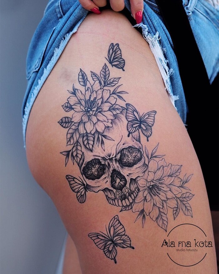 Skull with Flowers and Butterflies