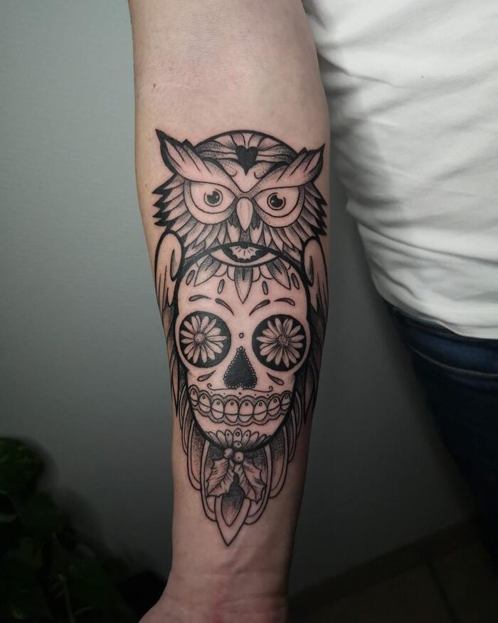 Calavera and Owl Tattoo