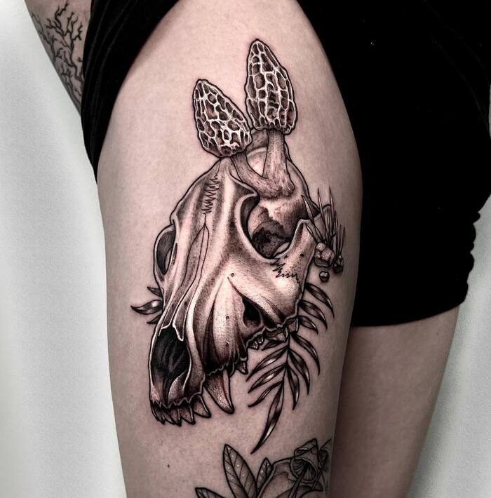 Wolf Skull and Mushrooms Tattoo