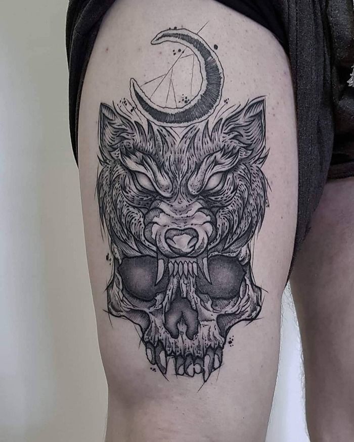 Half Wolf Half Skull Tattoo