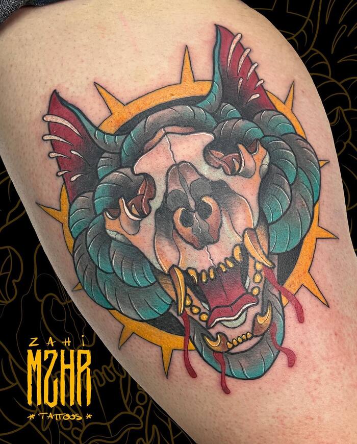 Traditional Wolf  Skull Tattoo