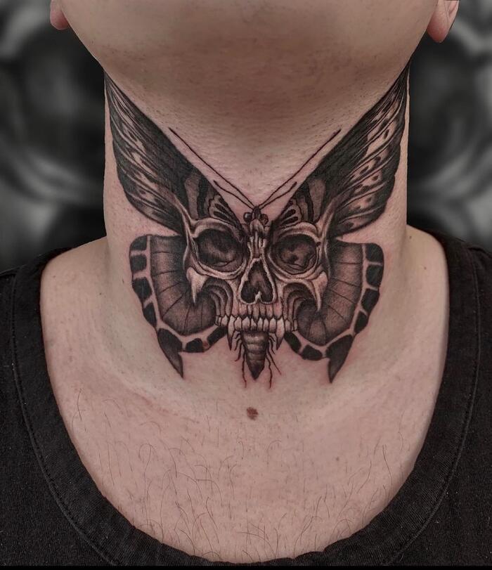 Skull Butterfly Neck Tattoo