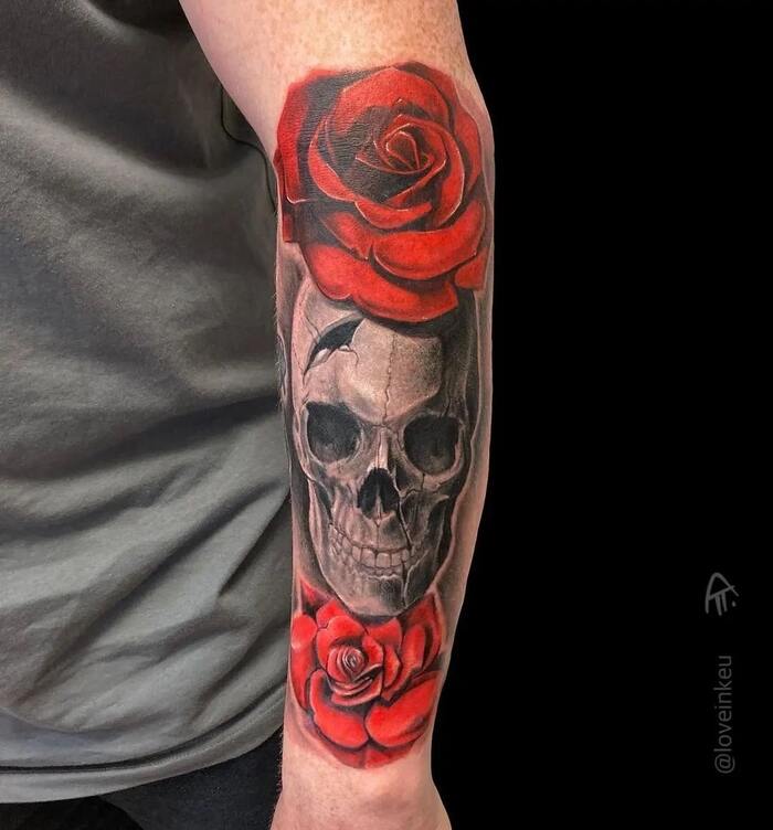 Skull and Rose Forearm Tattoo