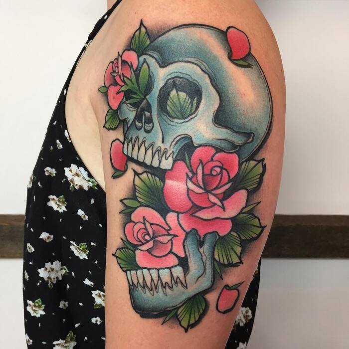 Blue Skull and Roses Tattoo