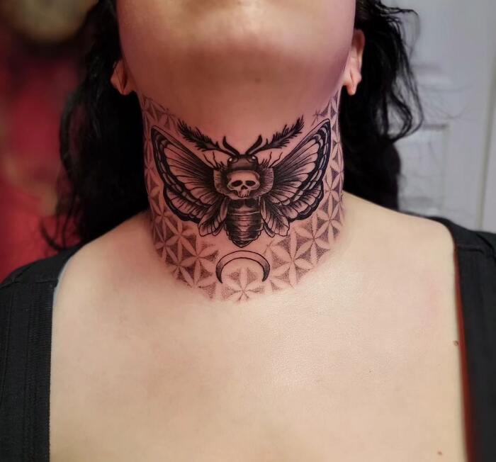 Butterfly Skull Neck Tattoo