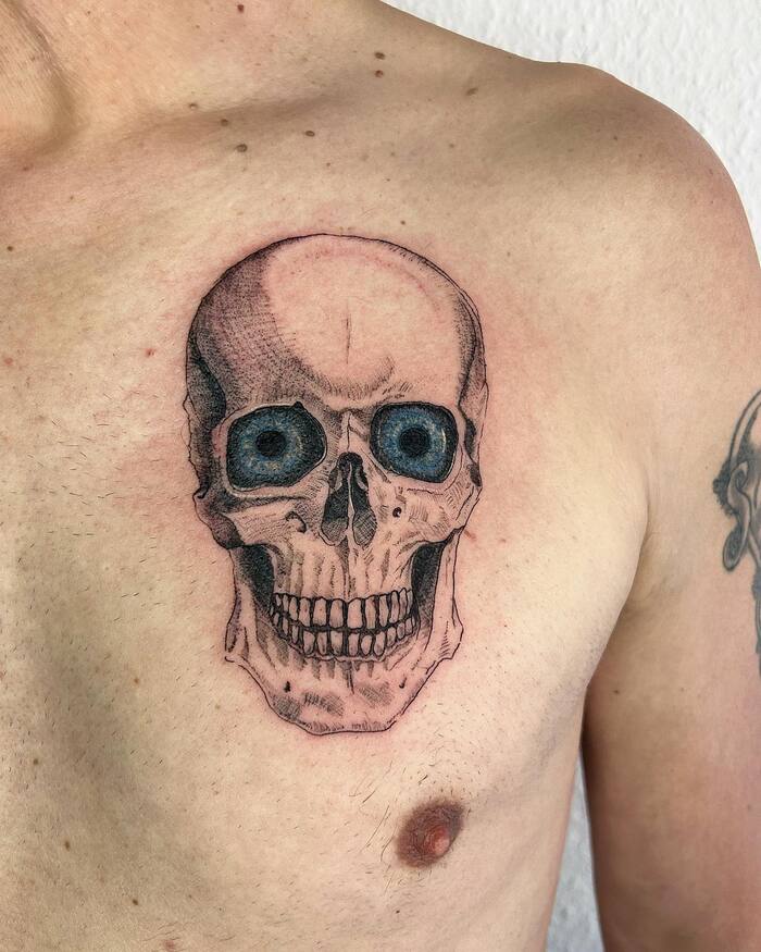 Skull with Blue Eyes Tattoo