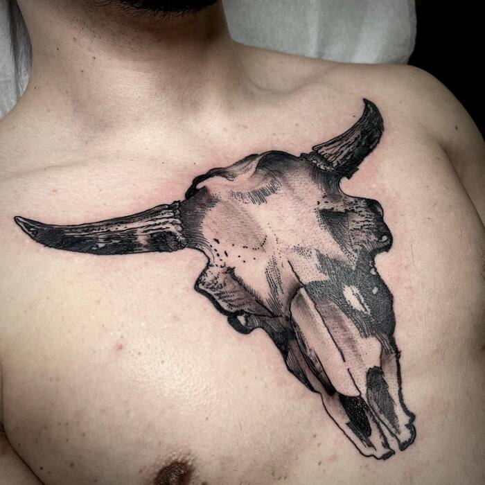 Bull Skull Chest Tattoo