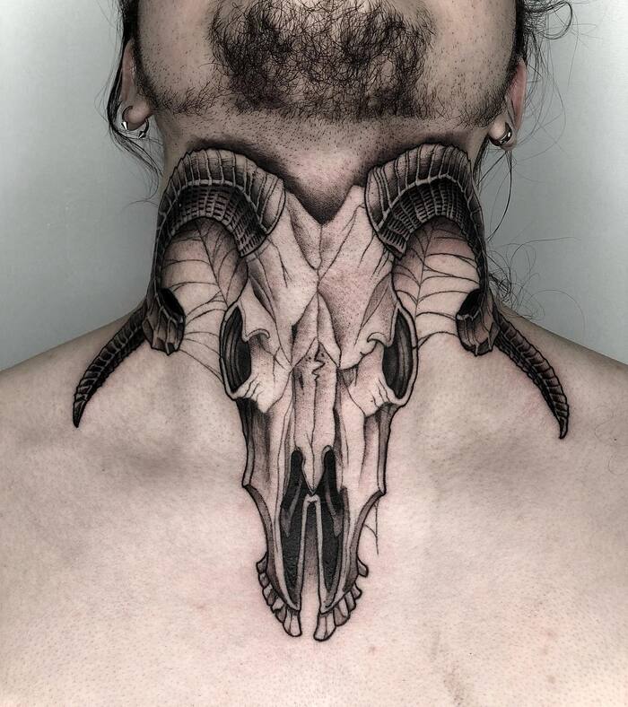 Ram Skull Neck Tattoo