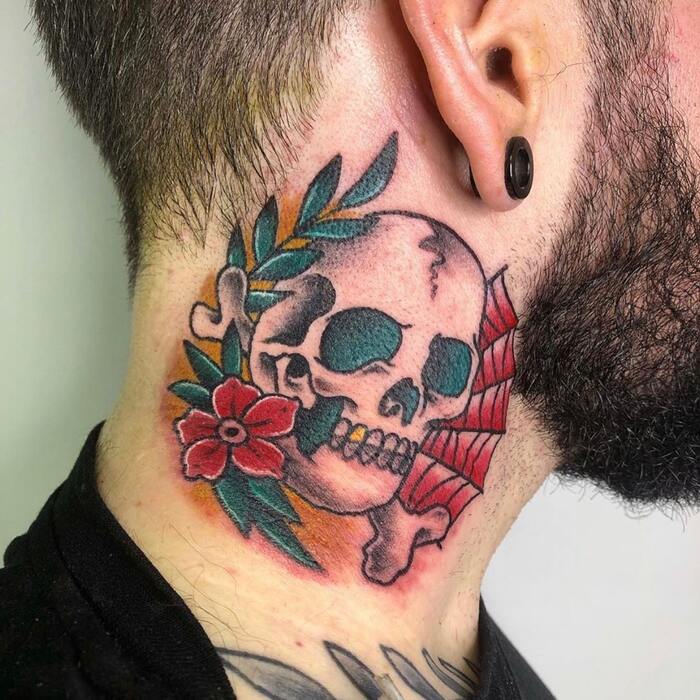 Traditional Skull Neck Tattoo