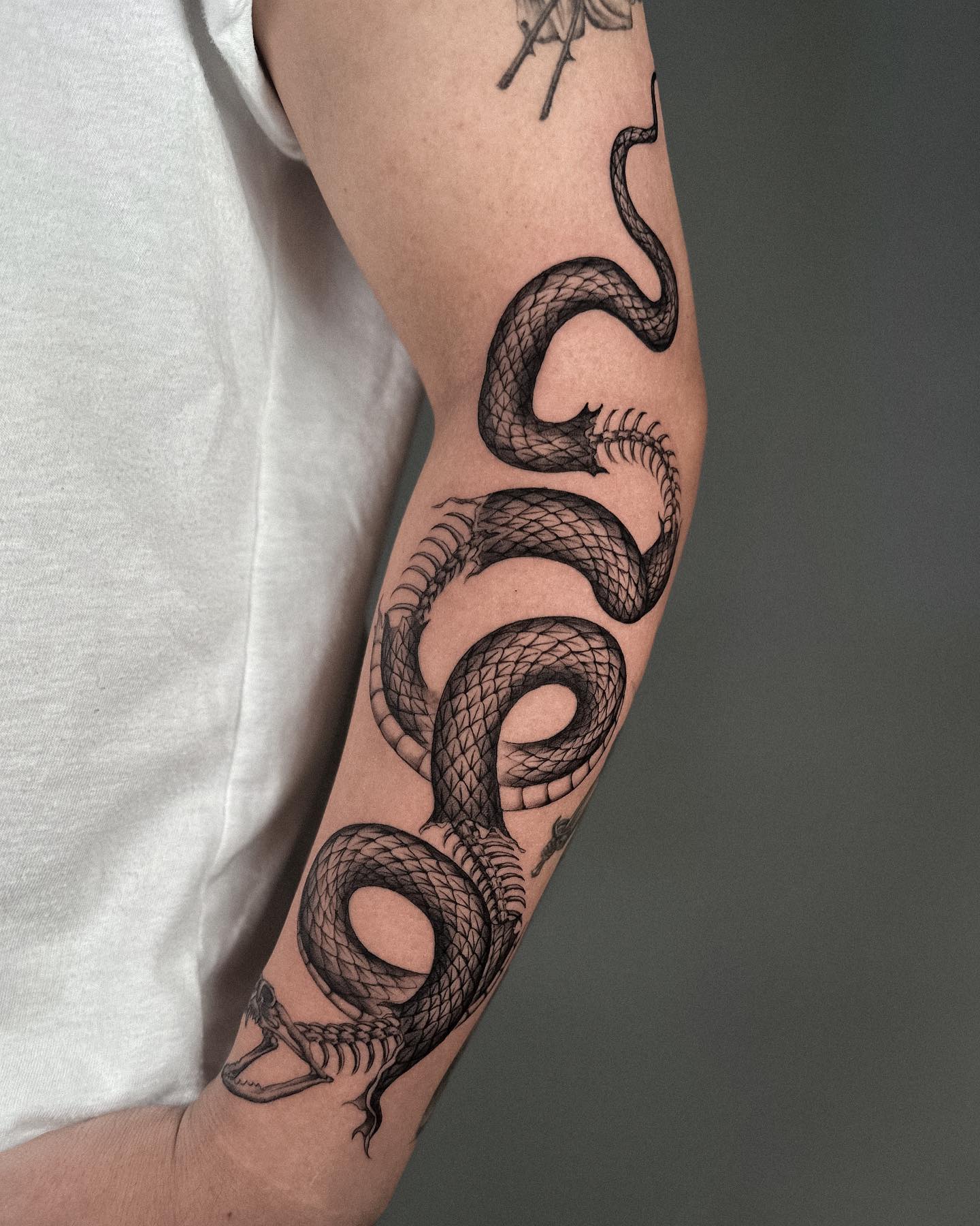 Nahaufnahme des Schlangenskelett-Tattoos auf dem Unterarm