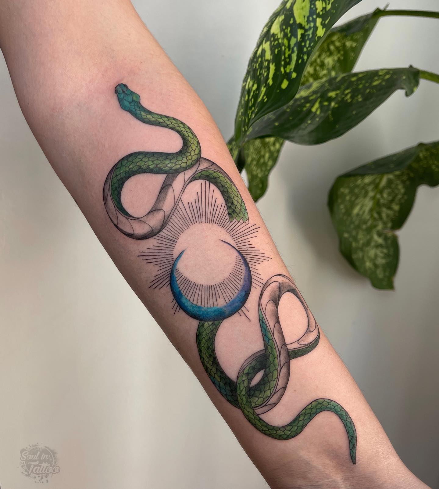 Nahaufnahme des grünen Schlangen- und Mond-Tattoos