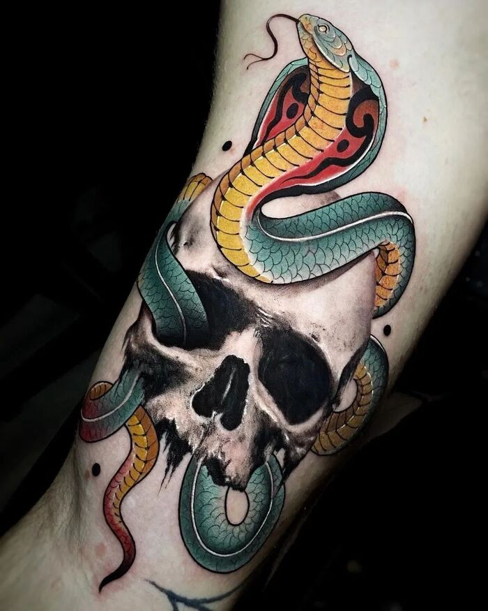 Close-up Image of the Black Skull And Colored Snake Tattoo