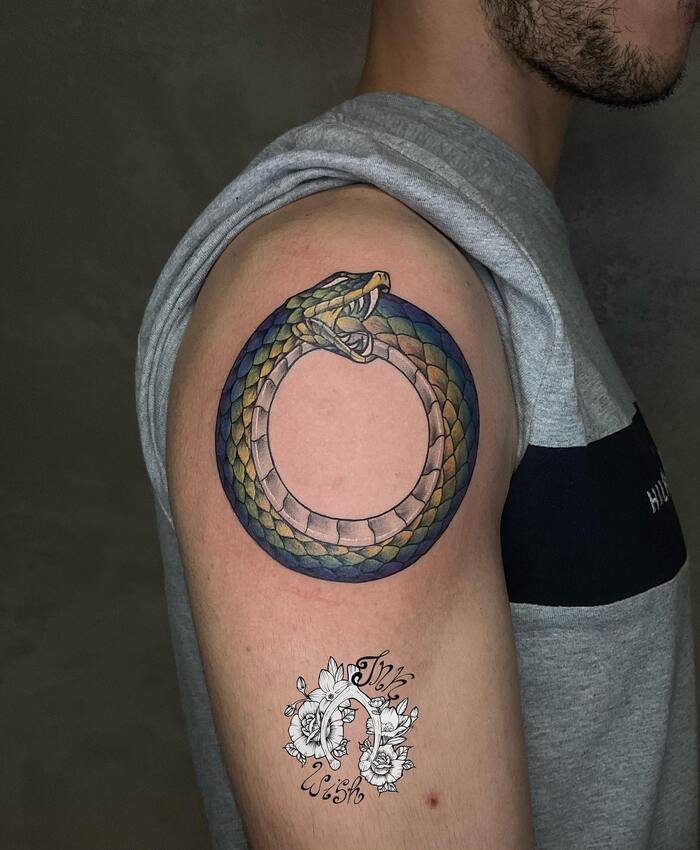 Close-up Image of the Snake Eating Itself Tattoo