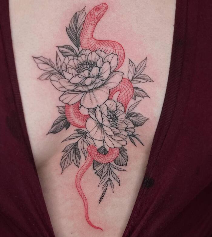 Close-up Image of the Red Snake and Peony Tattoo