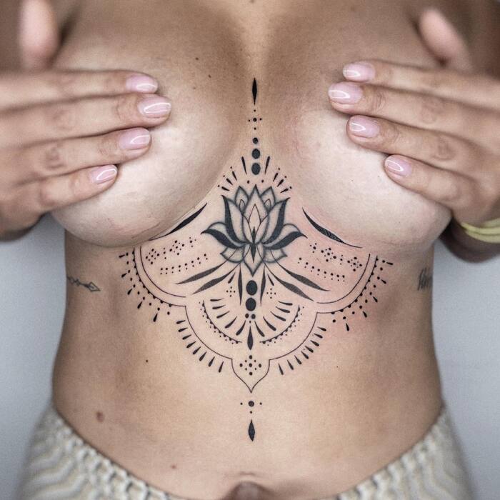 Mandala Tattoo With Lotus Flower and Lace in Sternum