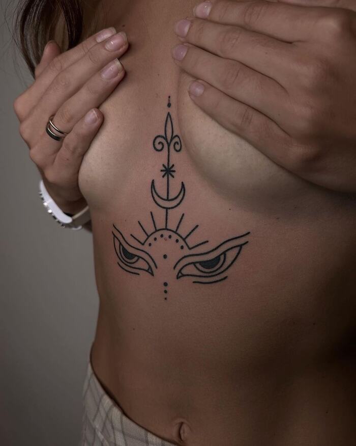 Fine Line Witchy Tattoo On Sternum