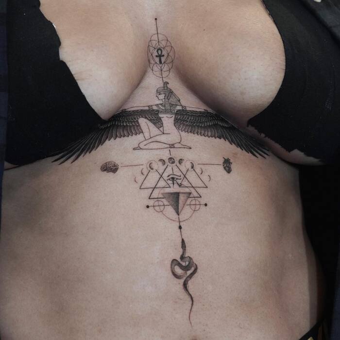 Geometrical Goddess Tattoo On Sternum