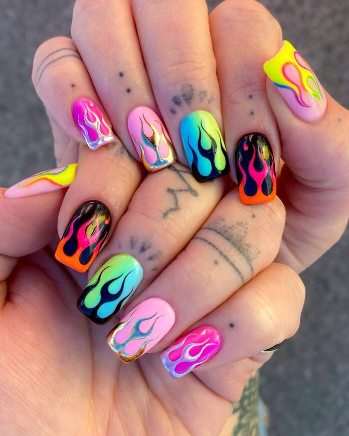Neon Different Color Nails