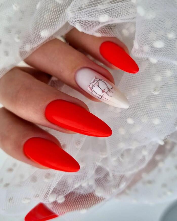 Red and White Almond Nails