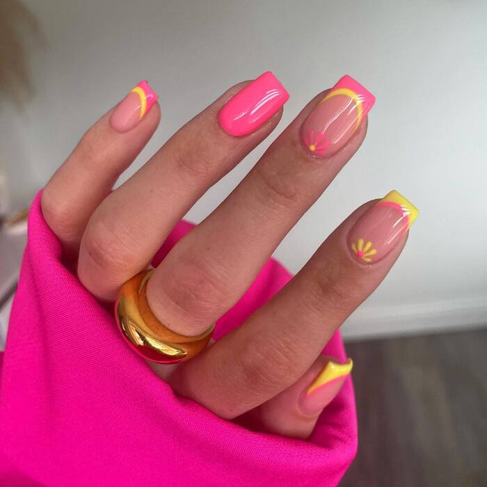 Неоновые розовые и желтые ногти