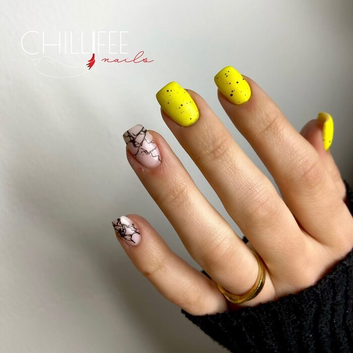 Bright Yellow and Neutral Nails