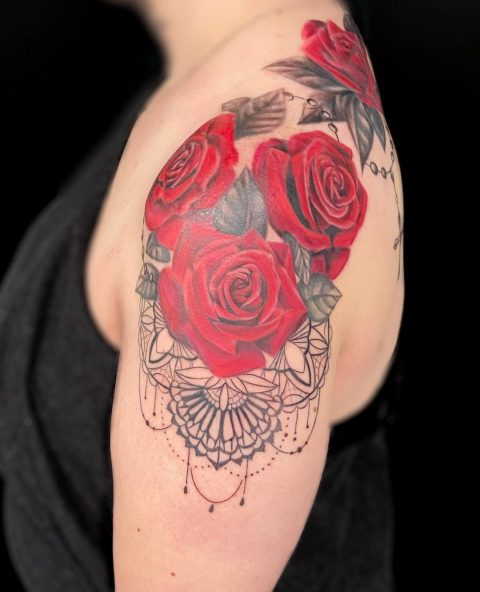 red rose shoulder tattoos for girls