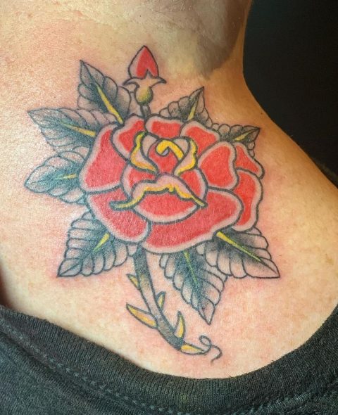 Red Traditional Rose Tattoo