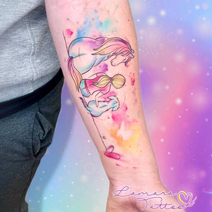 Watercolor tattoo of cartoon-styled figures of horse, girl and dog