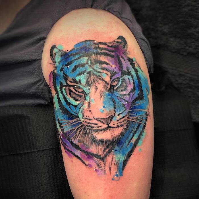 Watercolor tattoo of tiger in black and gray lines painted by turquoise, blue and purple inks