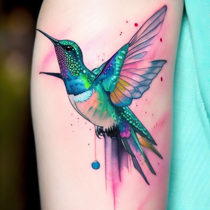 нежная акварельная татуировка колибри
