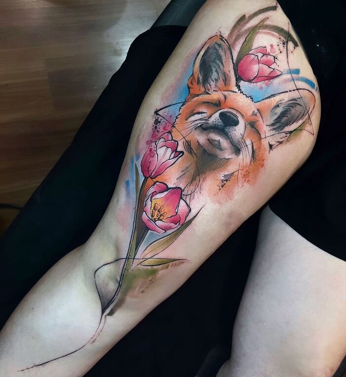 акварельная тату лисы с цветами