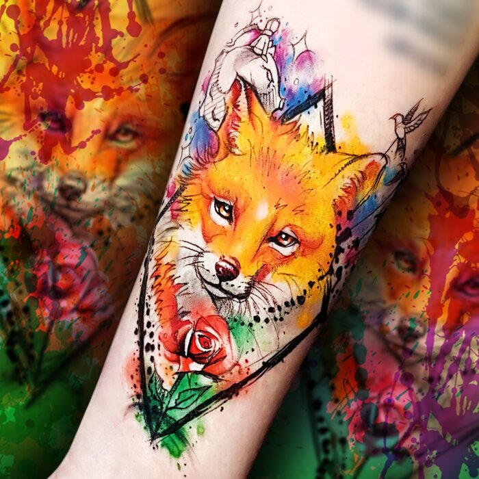 Watercolor tattoo of hot orange fox with rose in black rhombus