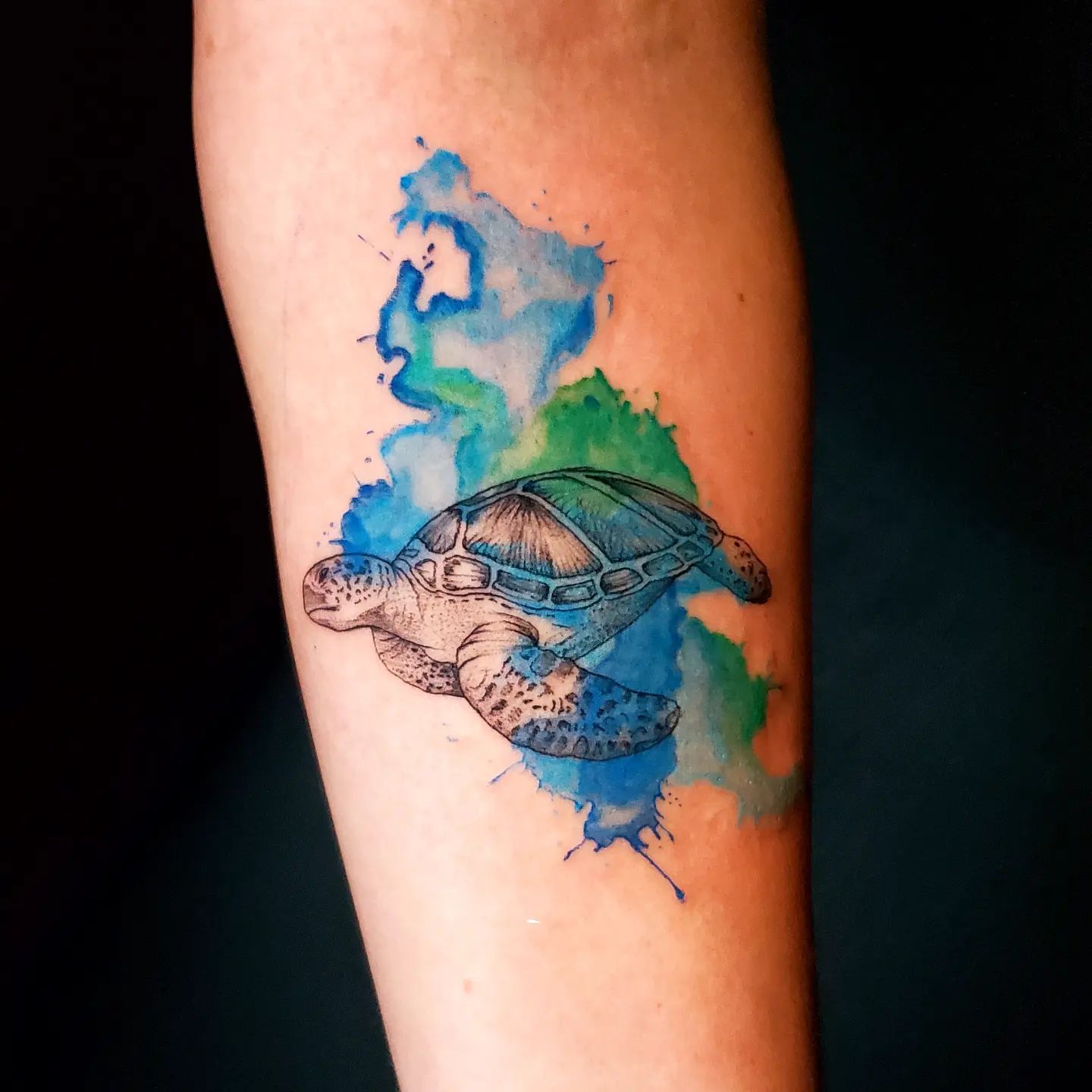 Tatuaż czarnego żółwia z niebieskimi i zielonymi akwarelowymi plamami