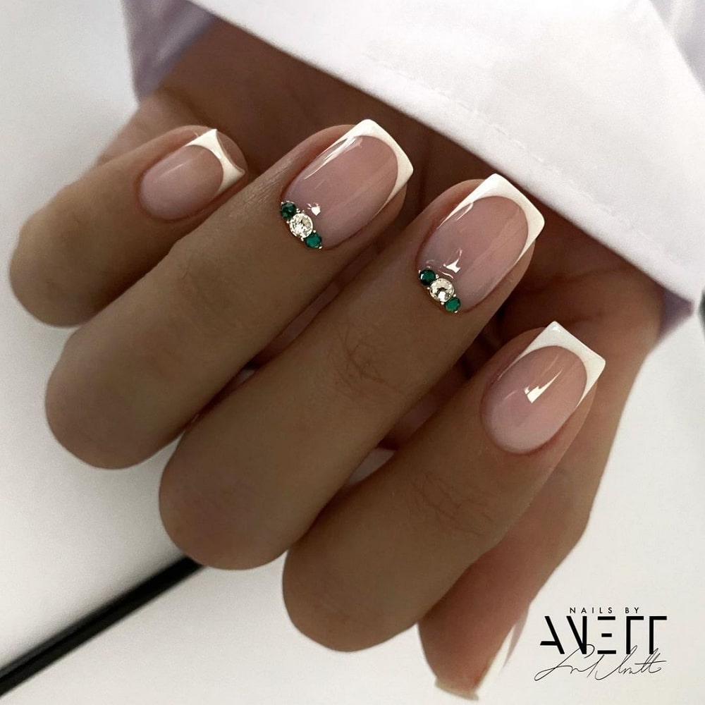 White French Nails With Diamonds
