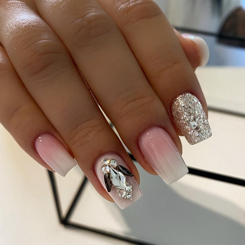 White Ombre Nails With Diamonds