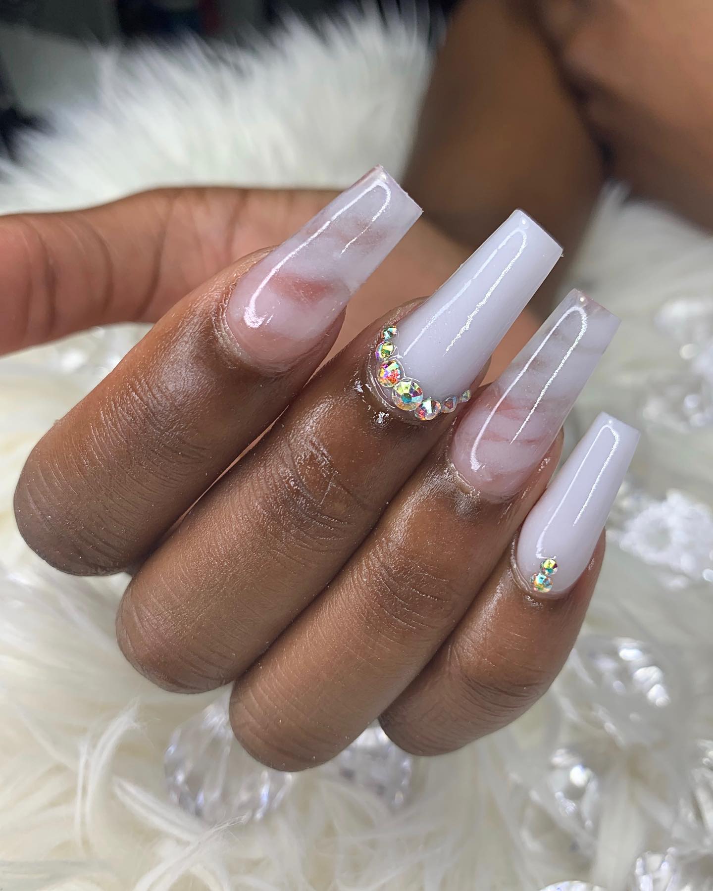 White Marble Nails With Diamonds