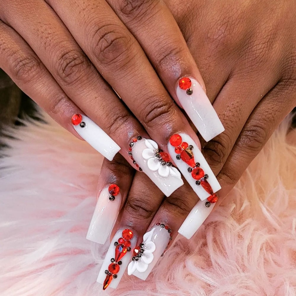 White Nails With Red Diamonds